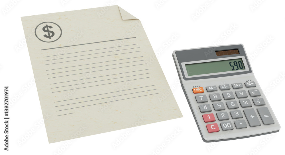 Isolated Dollar Bill Calculator and Financial Statement Documents Isolated Dollar Bill Calculator and Financial Statement Documents