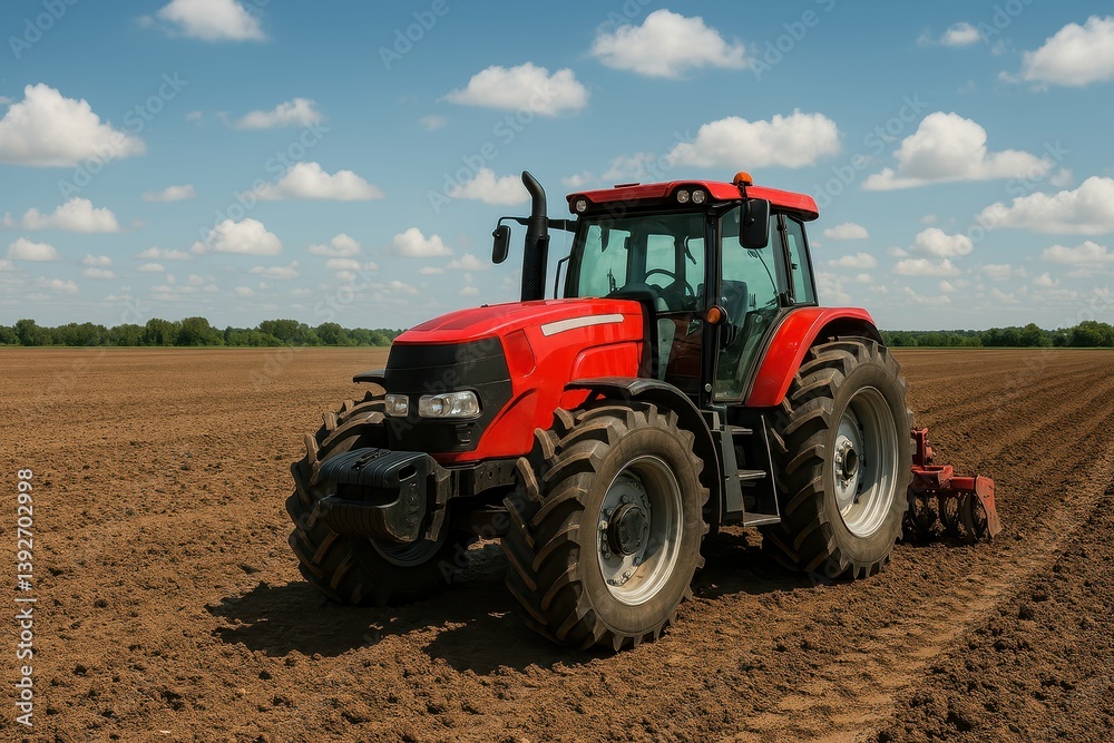 Red Tractor on Field Under Blue Sky with Clouds and Green Landscape Red Tractor on Field Under Blue Sky with Clouds and Green Landscape