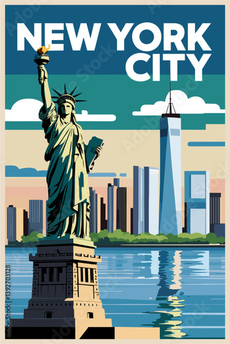 New York City travel destination poster in retro style. Famous cityscape vector art illustration in mid century modern style
