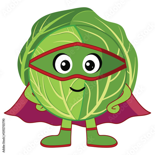 Cabbage Cartoon Superhero With Red Mask And Cape On Isolated White Background