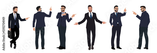 Set of Businessman character in different poses. Handsome man wearing formal suit standing and pointing , front, back and side view. Vector realistic illustration isolated 