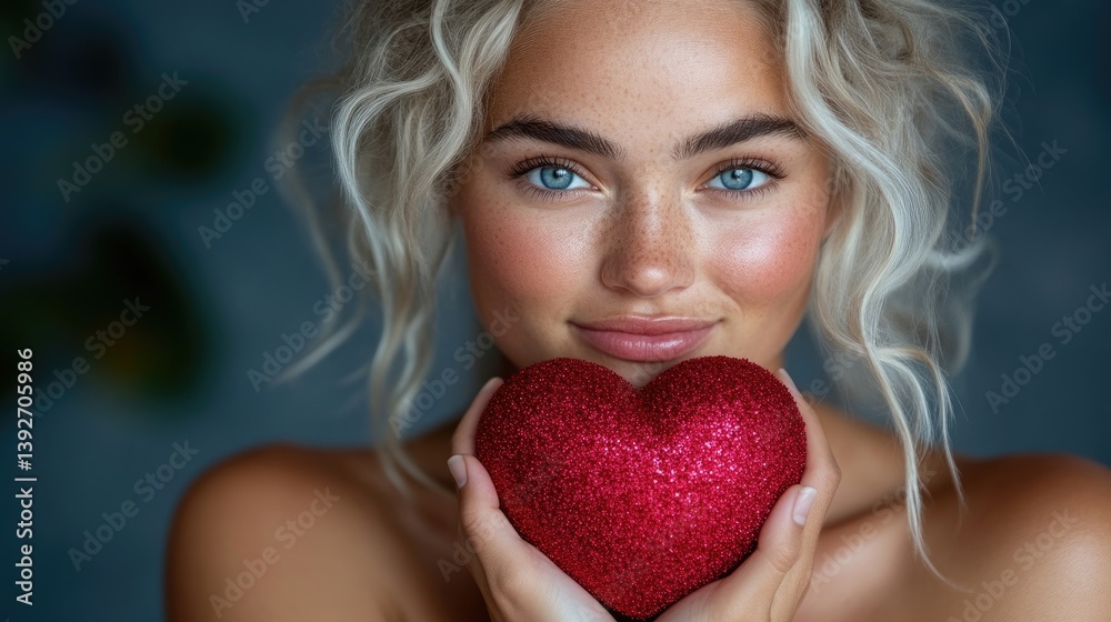 A woman holds a red heart, radiating warmth and affection. Her gentle smile and vibrant blue eyes evoke feelings of love and care A woman holds a red heart, radiating warmth and affection. Her gentle smile and vibrant blue eyes evoke feelings of love and care