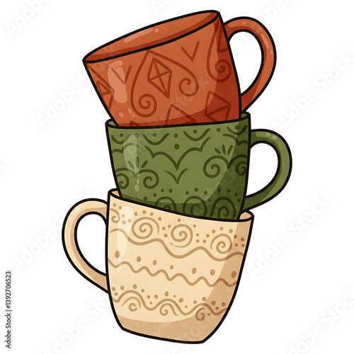 Stacked Ceramic Cups Icon. A flat design icon of three imperfect ceramic mugs stacked unevenly, each with boho patterns