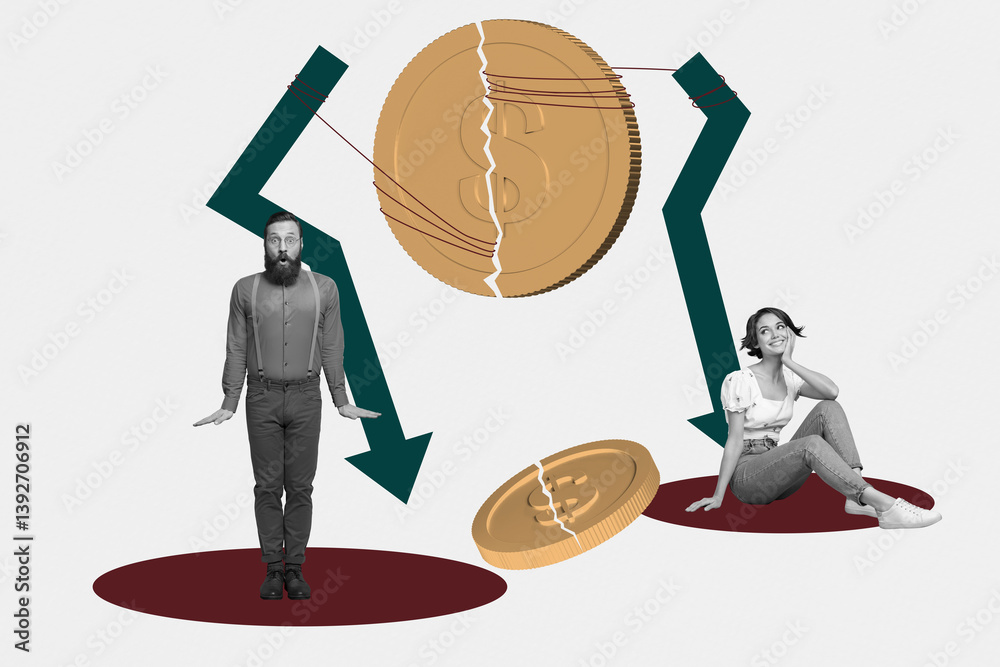 3d sketch poster trend art collage image of two happy girl guy business partners stand dollar crack coin inflation recession