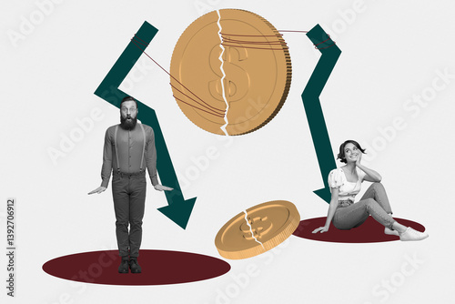 Obraz na płótnie 3d sketch poster trend art collage image of two happy girl guy business partners stand dollar crack coin inflation recession w salonie