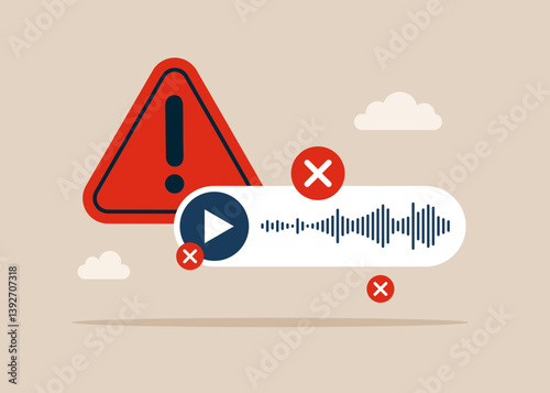 System failure and refusal to produce voice message, sound waves. Problem or system failure. Virus attacked online file. Modern vector illustration in flat style