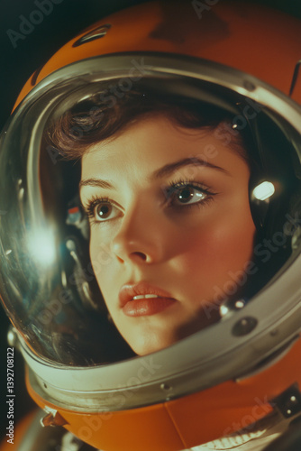vintage astronaut actress in retro futurism sci-fi film wearing space helmet	