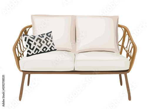 Lounge rattan couch with cushion. Cozy sofa with pillows in boho style. Modern Scandinavian living room furniture, loveseat divan. Flat vector realistic illustration isolated on white background.
