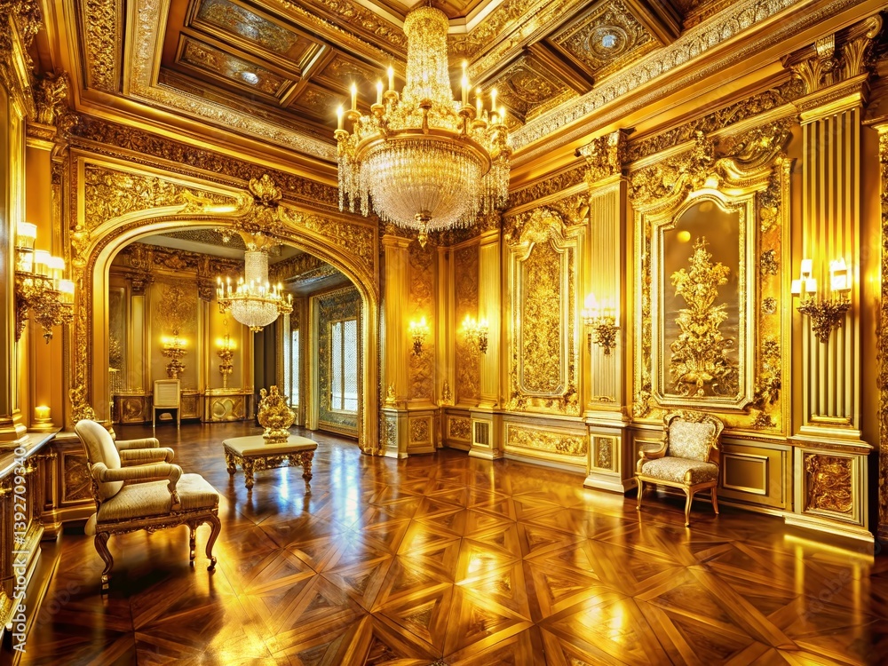 Fototapeta premium Golden Opulence A Luxurious Interior Design with Sparkling Water Feature Immersive Visual of a Stunning Room
