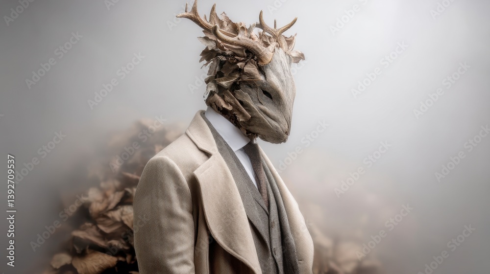 Fototapeta premium A figure in a beige suit and a unique, antler like headpiece stands in a misty outdoor setting. The overall tone is muted and mysterious.