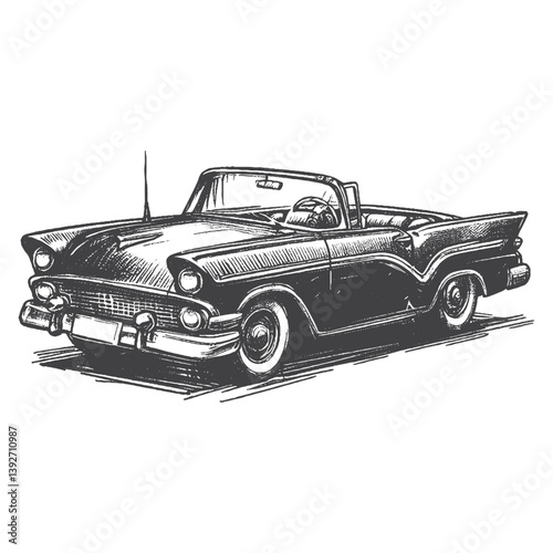 Hand-Drawn 1950s Convertible Vector – Sketch Style Vintage Car Illustration for T-Shirts, Stickers, and Posters.