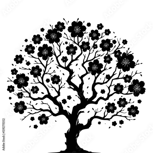 Stylized Cherry Blossom Tree Silhouette Vector Graphic