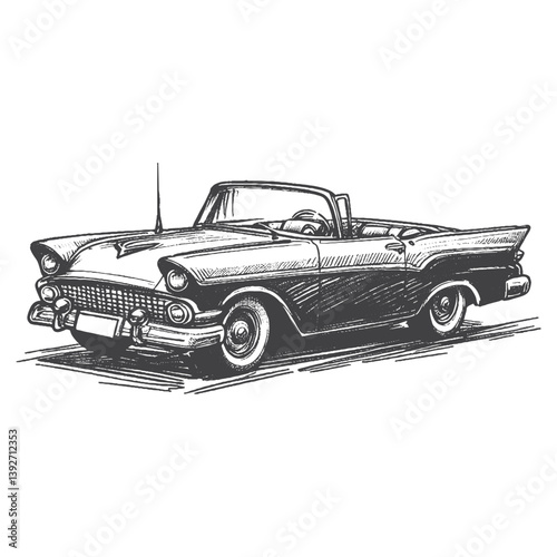 Hand-Drawn 1950s Convertible Vector – Sketch Style Vintage Car Illustration for T-Shirts, Stickers, and Posters.