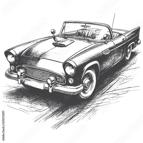 Hand-Drawn 1950s Convertible Vector – Sketch Style Vintage Car Illustration for T-Shirts, Stickers, and Posters.