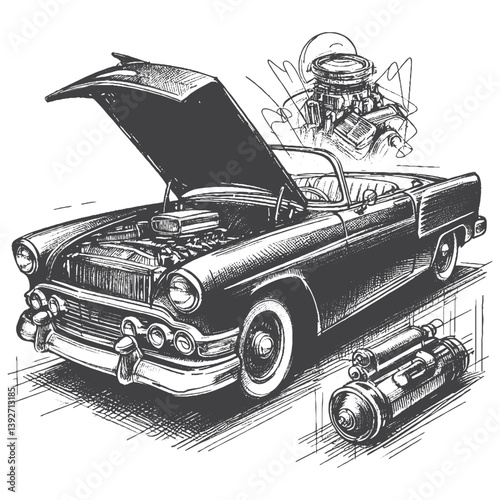 Hand-Drawn 1950s Convertible Vector – Sketch Style Vintage Car Illustration for T-Shirts, Stickers, and Posters.