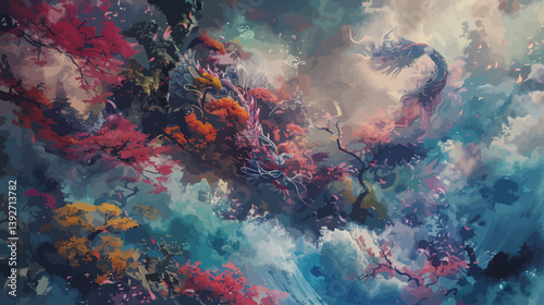 Magical vfx fantasy art blending us freedom allies and traditional japanese calligraphy in a colorful imaginative storytelling concept