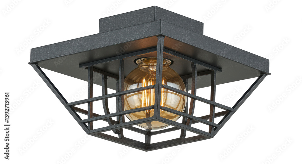 Isolated Square Dark Metal Light with Bulb Isolated Square Dark Metal Light with Bulb