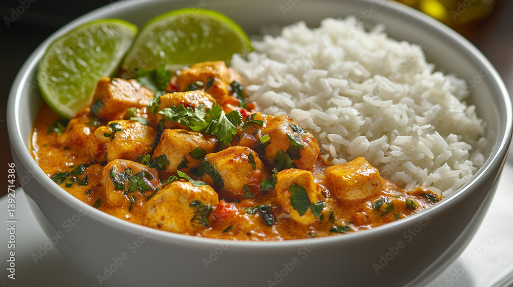 Chicken in orange sauce served with rice and lime in a white bowl Chicken in orange sauce served with rice and lime in a white bowl
