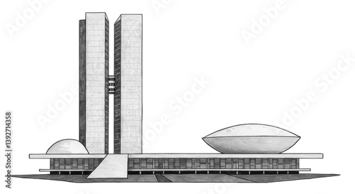Isolated National Congress of Brazil Building Sketch