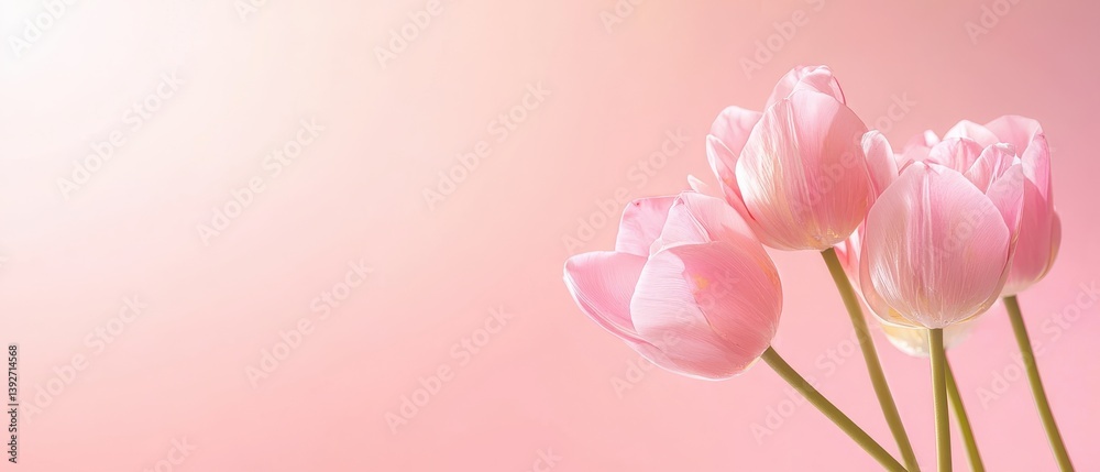 Obraz premium Delicate pink tulips gently bloom against a soft pastel pink background creating a serene and romantic floral image perfect for sp or feminine designs.