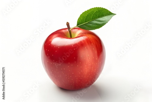 Single Red Apple with Green Leaf on White Background