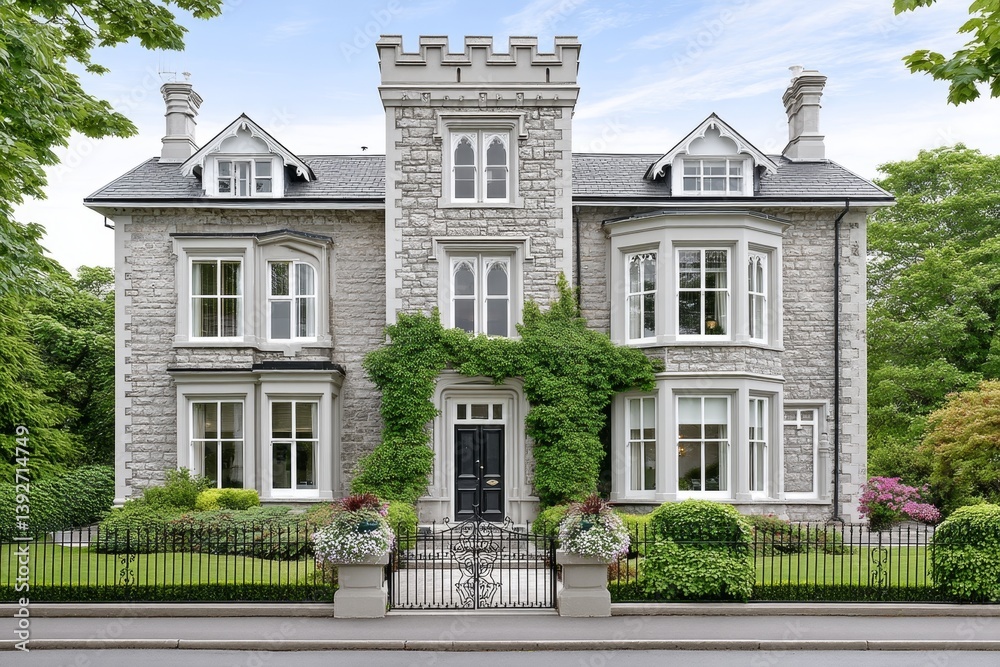 Fototapeta premium A gothic mansion for sale under a full moon, wrought iron gate and ivy-covered walls