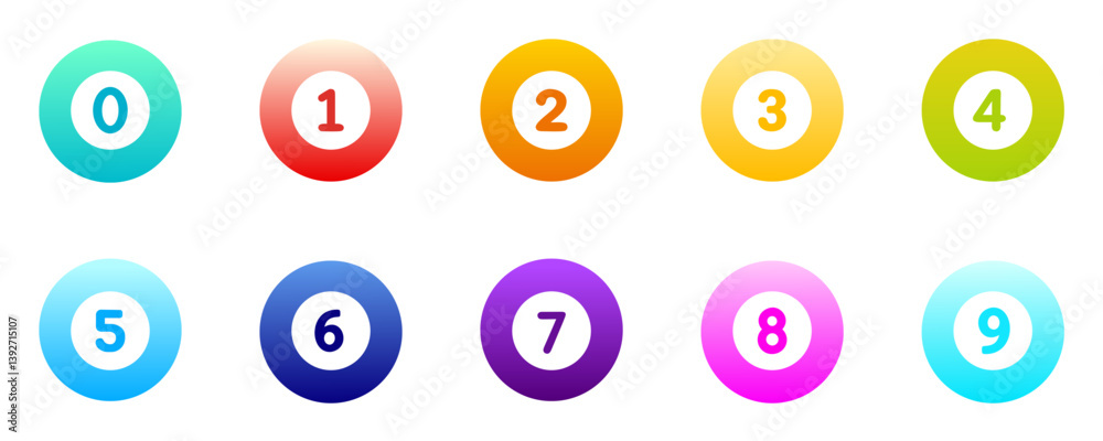 Circular gradient icon set with numbers zero to nine in various vibrant colors Circular gradient icon set with numbers zero to nine in various vibrant colors