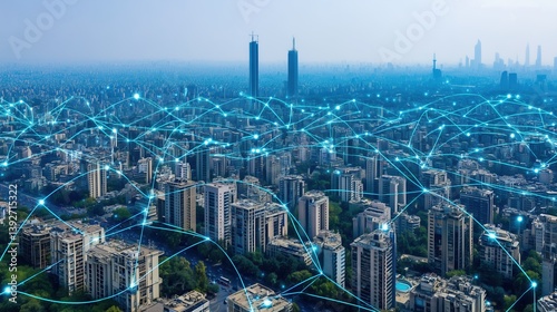 Abstract futuristic smart city concept with glowing digital network connections over blue metropolis skyline, top view of interconnected urban infrastructure with data transfer visualization. Technolo photo