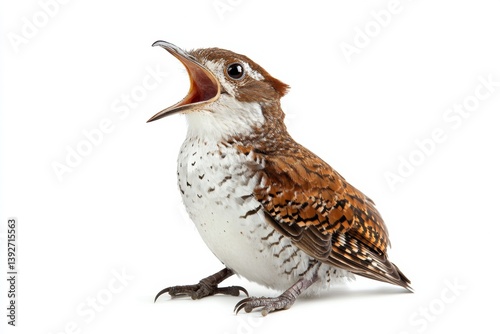Cuckoo bird vocalizing with open beak, displaying vibrant feathers against a clean white background