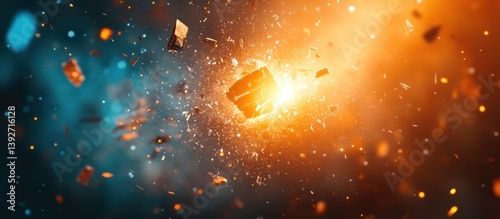 Exploding rock, dark space, fiery debris, design