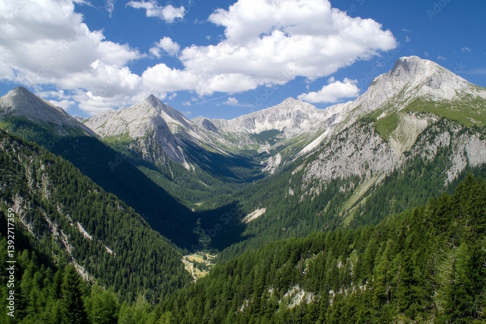 Mountainous valley view with trees, grass, and cloudy sky scenery Mountainous valley view with trees, grass, and cloudy sky scenery