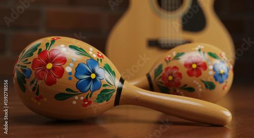 Painted Wooden Maracas with Floral Design Representing Latin Music Culture against Blurred Guitar Background, Guitar and Maracas
