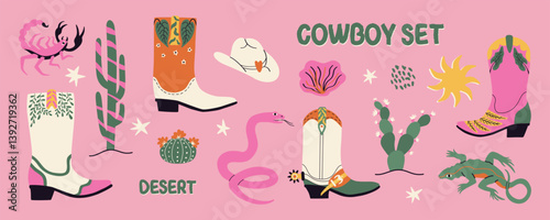 Wild west quirky cowboy set. Western groovy theme. Bundle with boots, hat, scorpion, lizard. Hand drawn vector illustration.