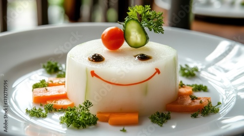 Cute, smiling food creation on plate, indoor setting