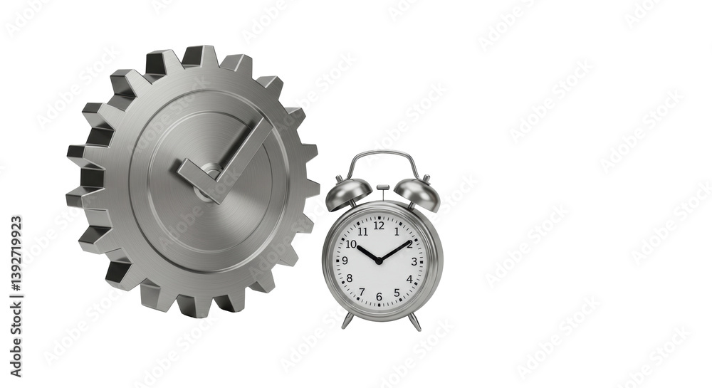 Isolated Silver Gear with Check Mark Next to Classic Alarm Clock Isolated Silver Gear with Check Mark Next to Classic Alarm Clock