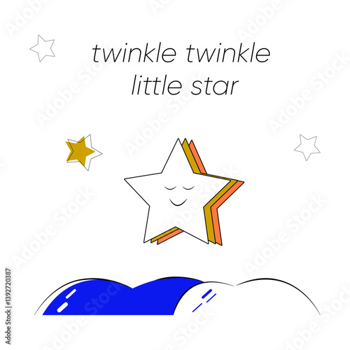 Sleeping star above blue clouds with text 