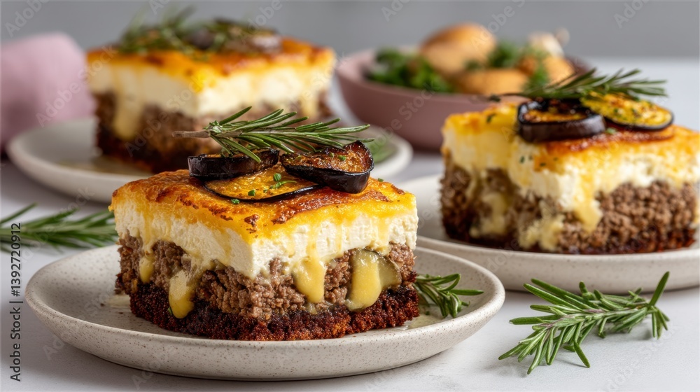 Three servings of a savory baked dish featuring layers of creamy cheese, seasoned meat, and roasted eggplant, garnished with rosemary sprigs. Three servings of a savory baked dish featuring layers of creamy cheese, seasoned meat, and roasted eggplant, garnished with rosemary sprigs.