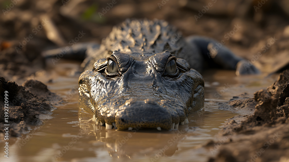 Fototapeta premium Alligator lurking in muddy water, its eyes peering out. The texture of its skin is highlighted by the sun, creating a powerful and intimidating presence.