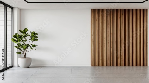 Airy loft with hanging wooden slat panels, modern artinspired design photo