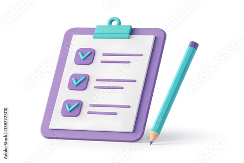 3D Clipboard with Checklist and Teal-Lavender Pencil