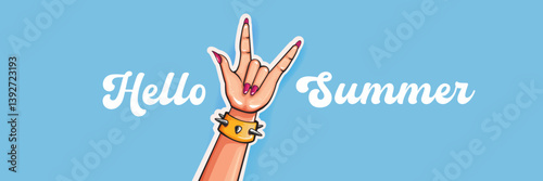 Hello Summer Rock On Vector Female Hand with Devil Horns, Spiked Bracelet and Pink Nails on blue Background with Good Vibes Only Text, Cheerful Summer Design