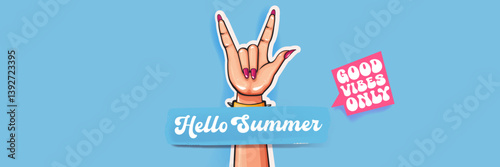 Hello Summer Rock On Vector Female Hand with Devil Horns, Spiked Bracelet and Pink Nails on blue Background with Good Vibes Only Text, Cheerful Summer Design