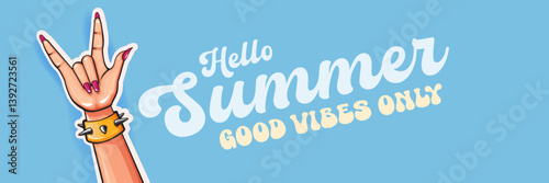 Hello Summer Rock On Vector Female Hand with Devil Horns, Spiked Bracelet and Pink Nails on blue Background with Good Vibes Only Text, Cheerful Summer Design