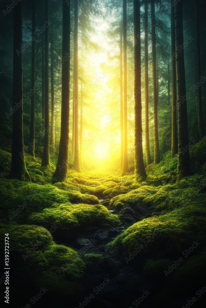 Obraz premium A serene forest scene illuminated by golden light, featuring tall trees and vibrant moss covering the ground, creating a tranquil and enchanting atmosphere.