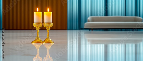 [Minimalist bedroom interior with soft natural lighting] Minimalist bedroom sanctuary with soft candlelight and natural ambiance.