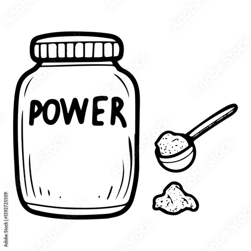 Sports food with measuring spoon. Hand drawn doodle. Protein container. Food supplement. Muscle building. Healthy lifestyle. Plastic jar with lid. Vector line art illustration.