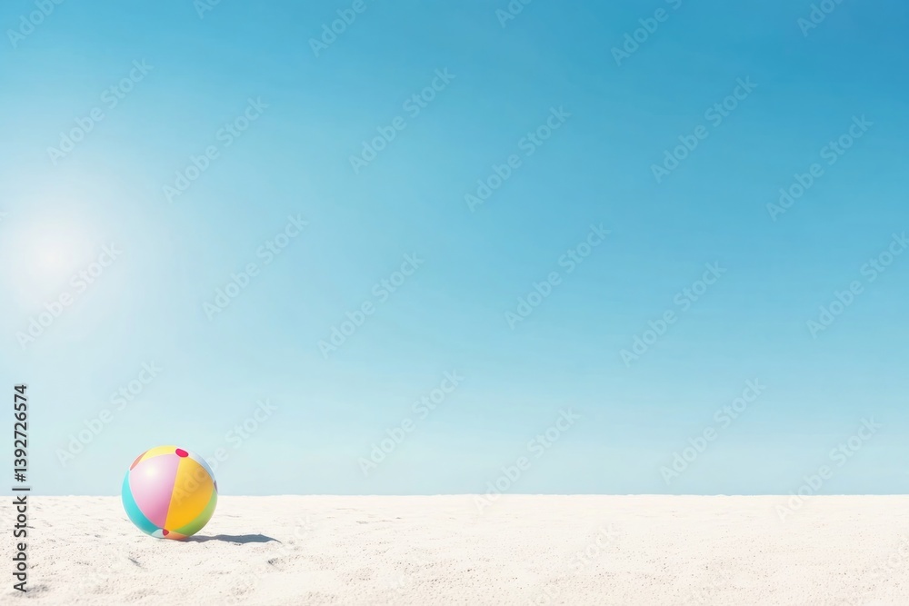 Naklejka premium capture minimalistic image of bright sandy beach under clear blue sky with single colorful beach ball slightly off-center
