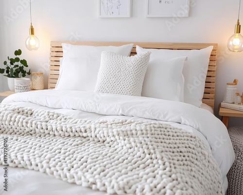 Scandinavian bedroom with soft neutral tones and wooden slat detailing, cozy elegance