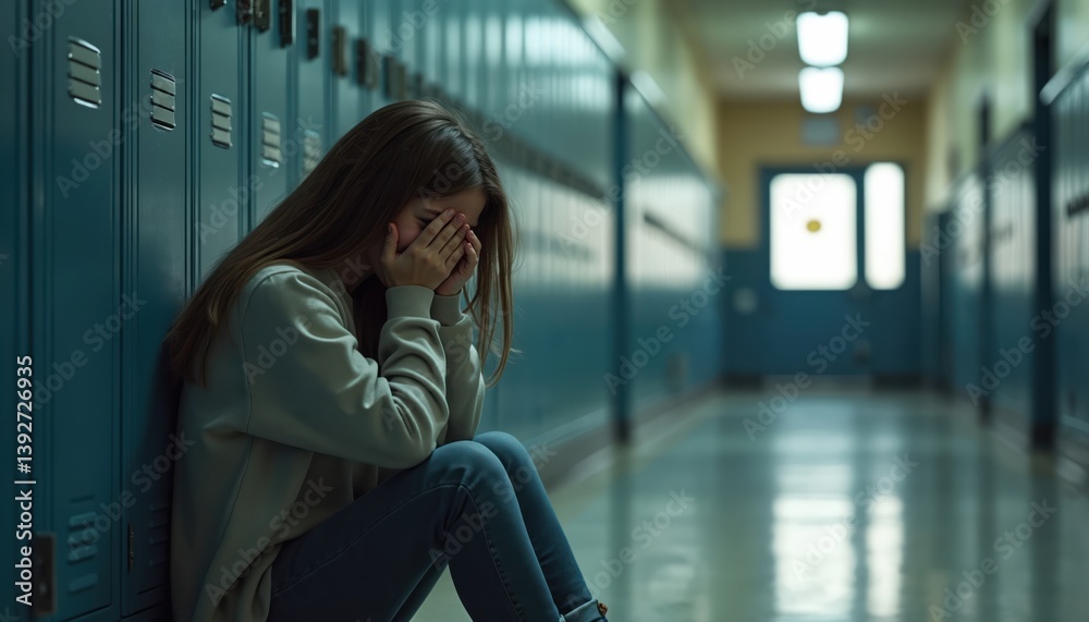 Obraz premium Upset girl sits in school hallway crying. Emotional young student feels grief after bullying. Adolescent social issues. Mental health concept. Generative AI art focuses on school abuse.