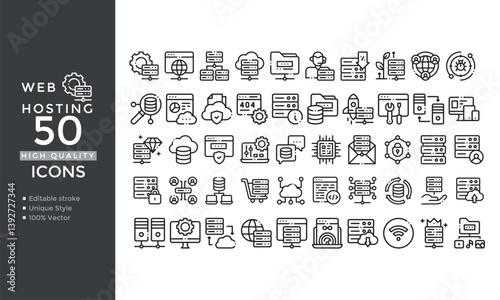 Web Hosting Line Icons – Cloud, Server, Security, Domain, Database